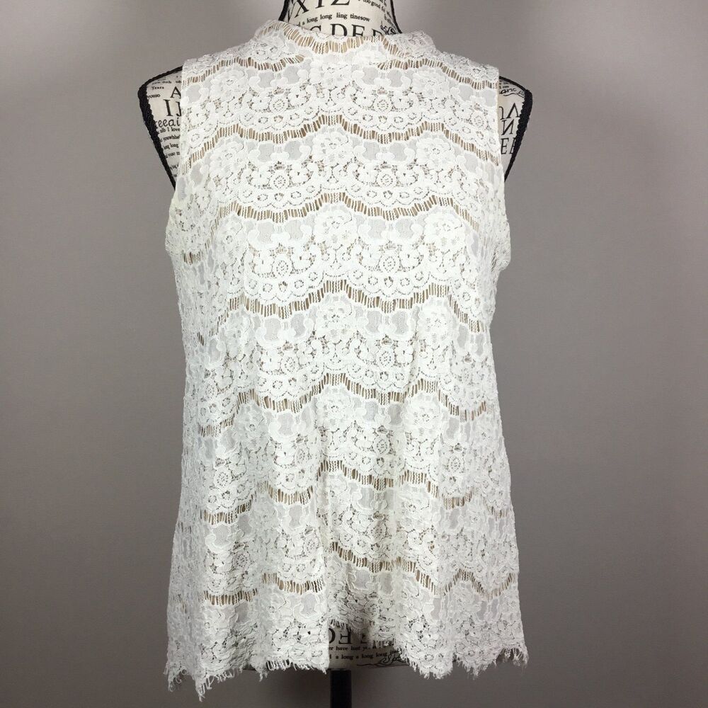 Ivory floral eyelash lace and nude lining sleeveless top cotton blend sz S fairy